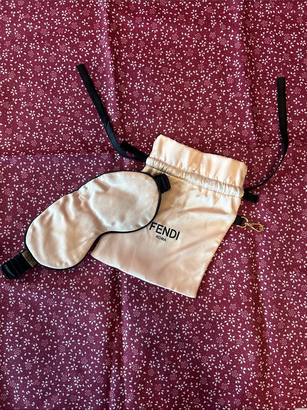 Fendi Reversible Pale Pink 100% Silk Eye Mask with Branded Pouch